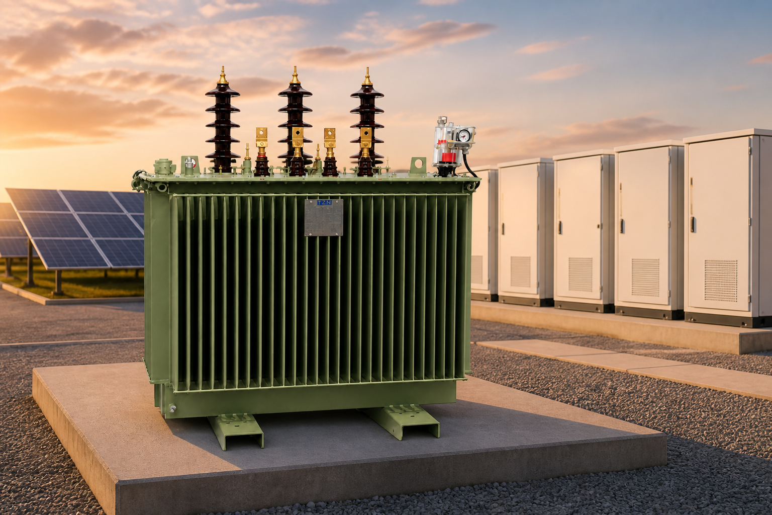Transformator neben der Infrastruktur f&uuml;r erneuerbare Energien installiert