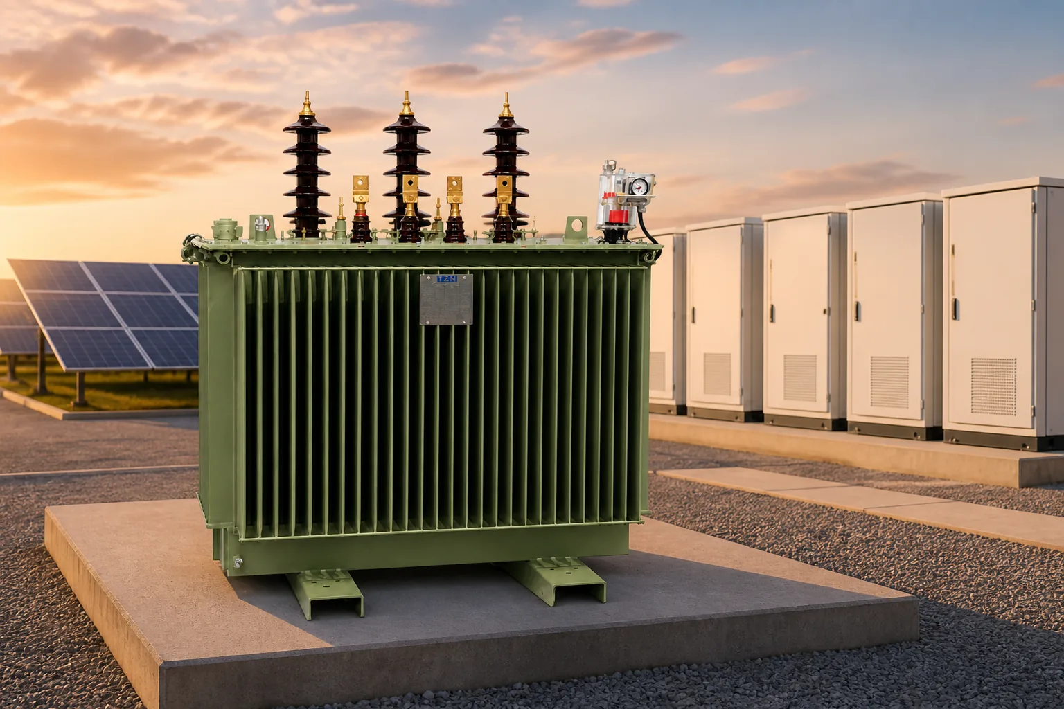 Transformer ge&iuml;nstalleerd naast infrastructuur voor hernieuwbare energie