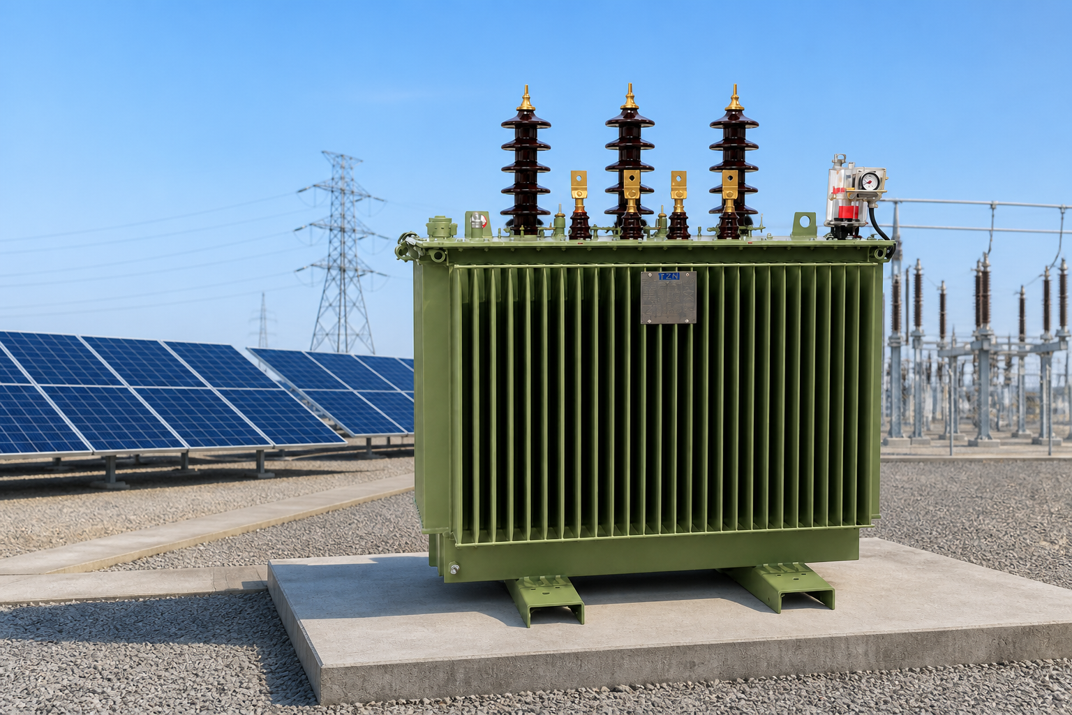 Transformator neben der Infrastruktur f&uuml;r erneuerbare Energien installiert